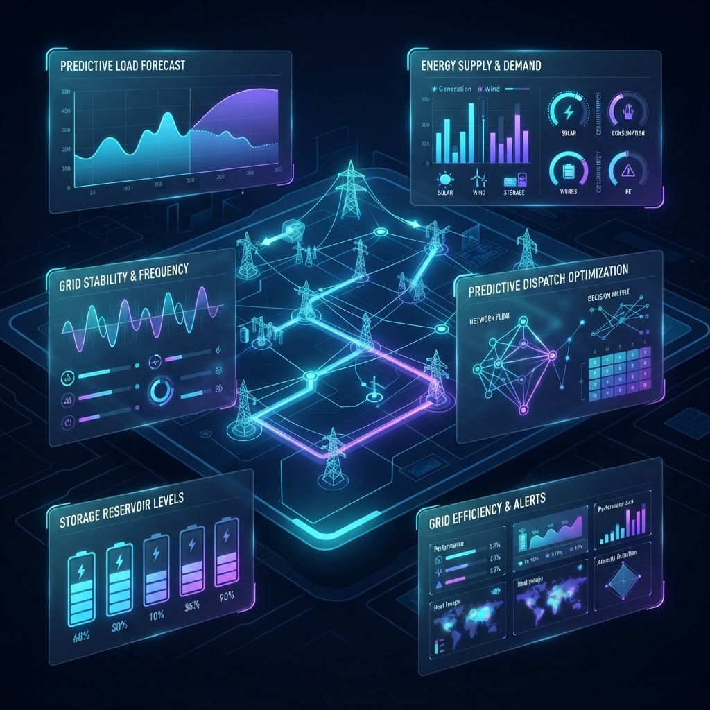 Hightech-Dashboard zur prädiktiven Lastverteilung in Energienetzen.