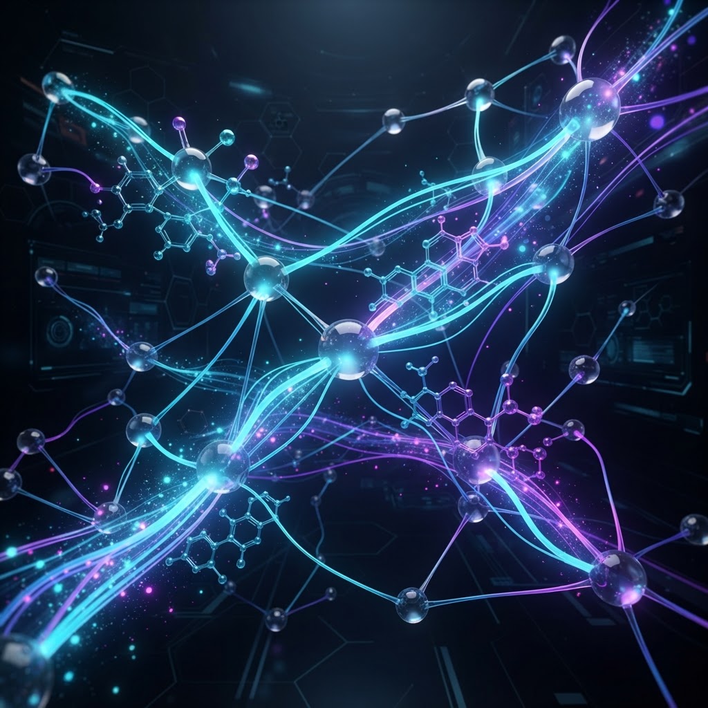 Neuronale Netze berechnen und verbinden komplexe chemische Molekülstrukturen in einem digitalen Datenstrom.