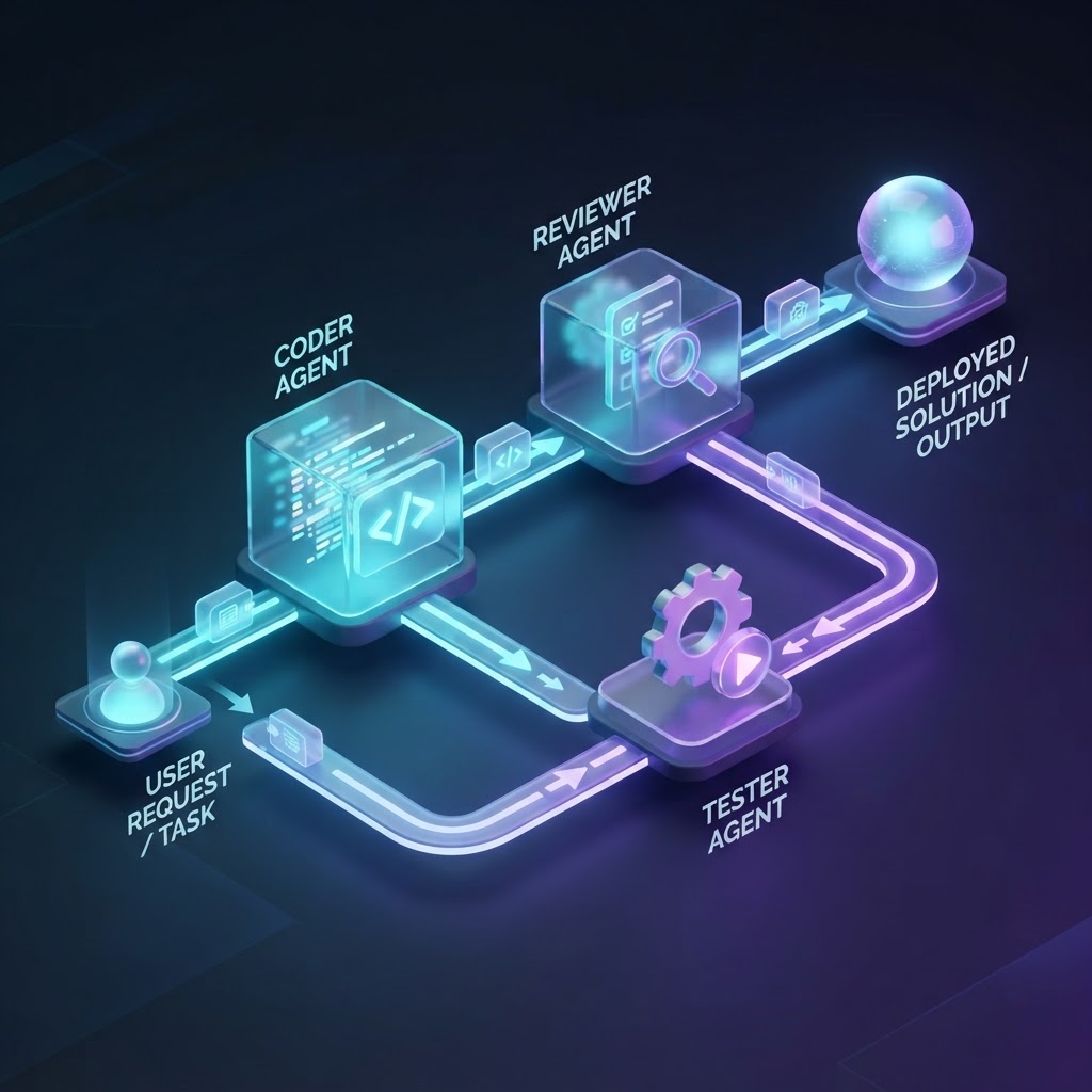 Visualisierung eines Multi-Agenten-Systems mit spezialisierten Rollen für Coder, Reviewer und Tester in einer Pipeline.