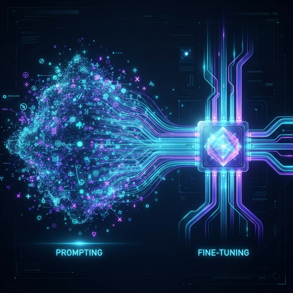 Technischer Vergleich zwischen einer ineffizienten Prompting-Struktur und einer optimierten Fine-Tuning-Pipeline.