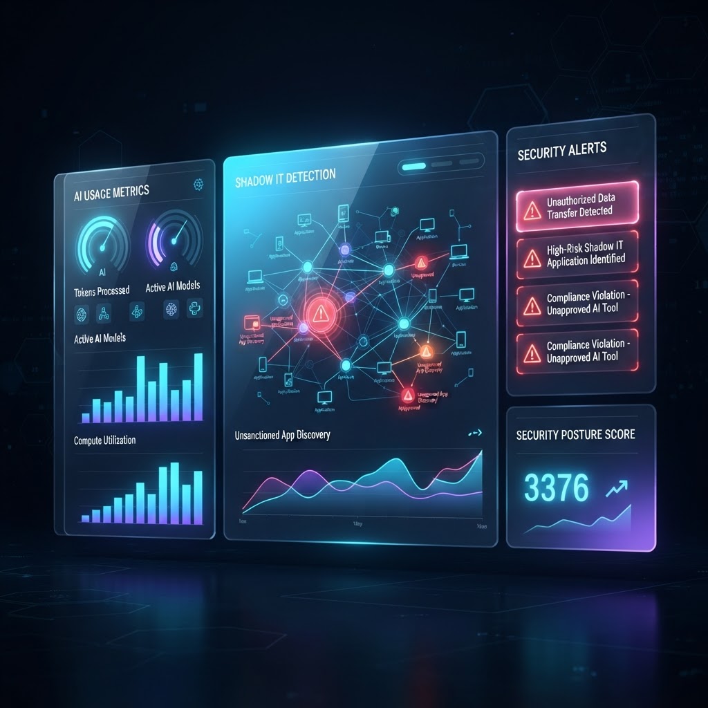 Modernes Analytics-Dashboard zur Überwachung der KI-Nutzung und Erkennung von Shadow AI.