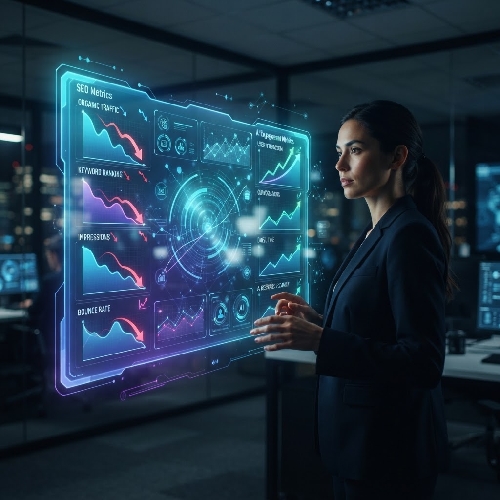 Holographisches Dashboard, das die Verschiebung von klassischem SEO-Traffic zu KI-Interaktionen zeigt.