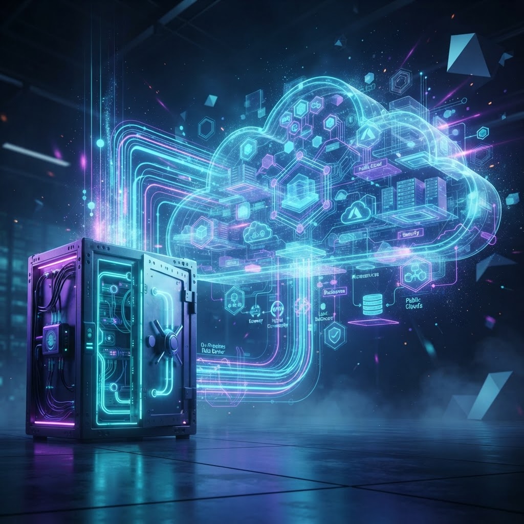 Holografische 3D-Darstellung einer Hybrid-KI-Architektur, die On-Premise-Server mit der Cloud verbindet.