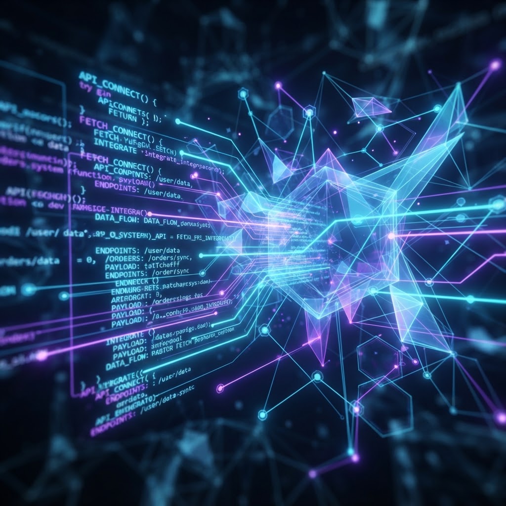 Abstrakte Darstellung von Programmiercode, der mit leuchtenden APIs interagiert, stellvertretend für App Intents.