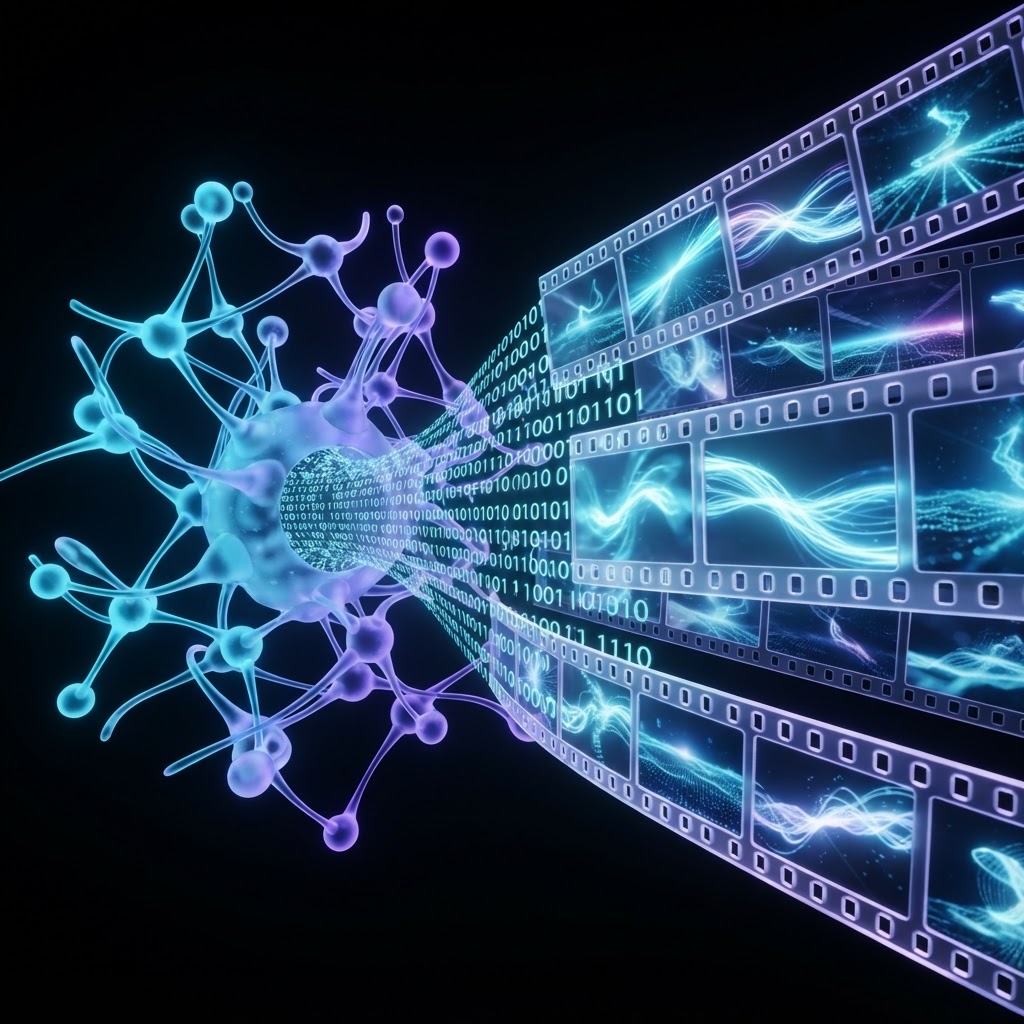 KI-Modell generiert Videoframes aus Code und Daten – Visualisierung der Diffusion-Technologie.