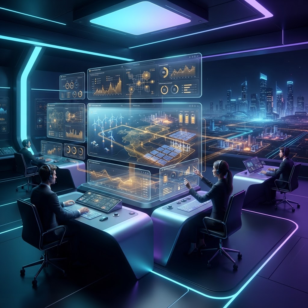 Futuristisches Kontrollzentrum eines virtuellen Kraftwerks mit Echtzeit-Energieflussdaten