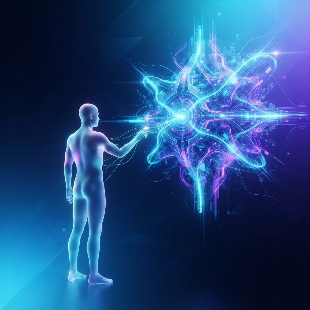Futuristische Darstellung einer menschlichen Silhouette, die mit einem neuronalen Netzwerk interagiert.