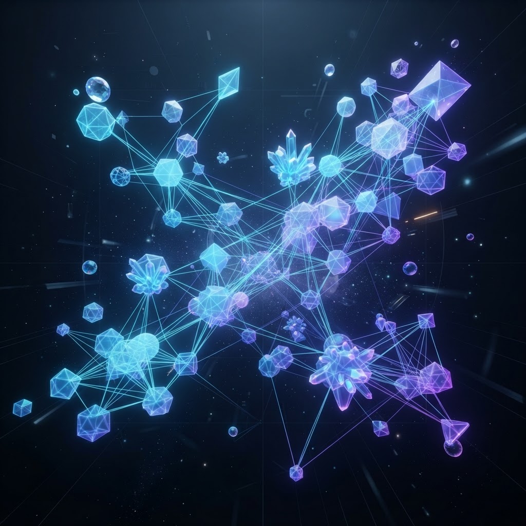 Visualisierung einer Vektordatenbank mit geometrischen Formen und semantischen Verbindungen in einem 3D-Raum.