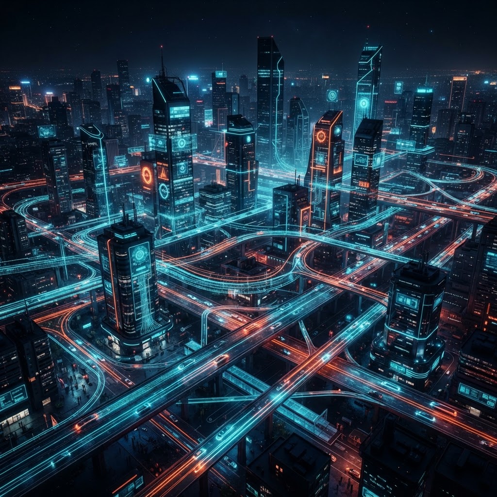 Futuristische Darstellung einer Smart City mit leuchtenden digitalen Verkehrsnetzwerken und Datenströmen