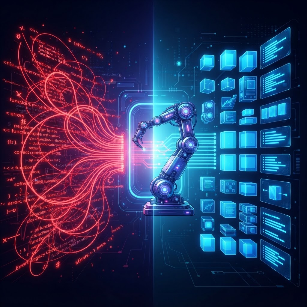 Visualisierung von Refactoring: Transformation von chaotischem Legacy-Code zu einer sauberen, modularen Architektur durch KI.