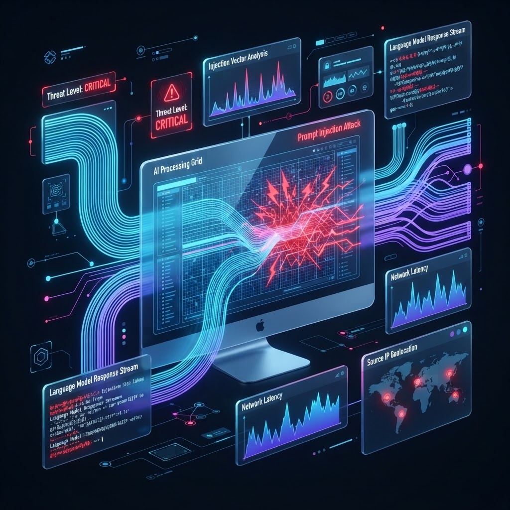 Hacker-Dashboard zeigt einen Prompt Injection Angriff auf ein KI-System mit roten Warnsignalen