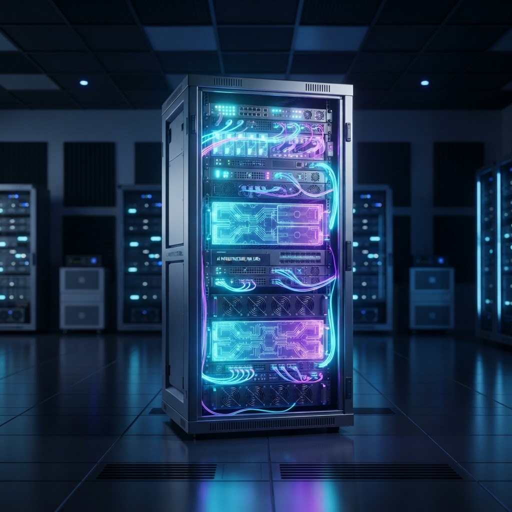 Hochmoderne Server-Racks in einem Rechenzentrum für lokale KI-Infrastruktur im Unternehmenseinsatz