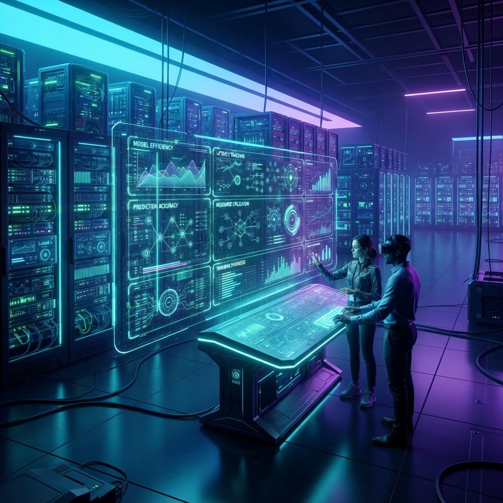 Holografische Leistungsdaten von KI-Modellen schweben über modernen Server-Racks im Rechenzentrum.