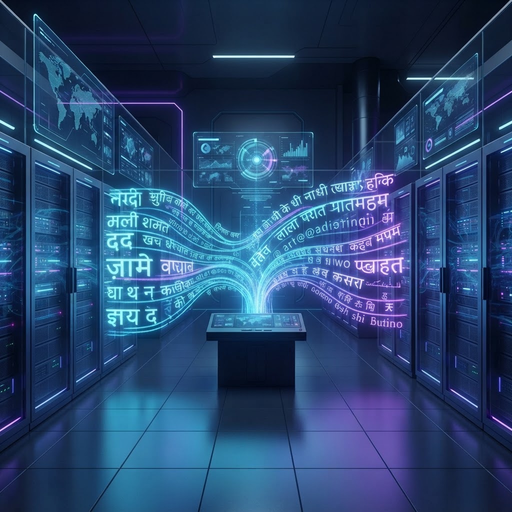 Hochmoderner Serverraum, in dem asiatische Schriftzeichen als leuchtende Datenströme durch die Serverracks fließen.