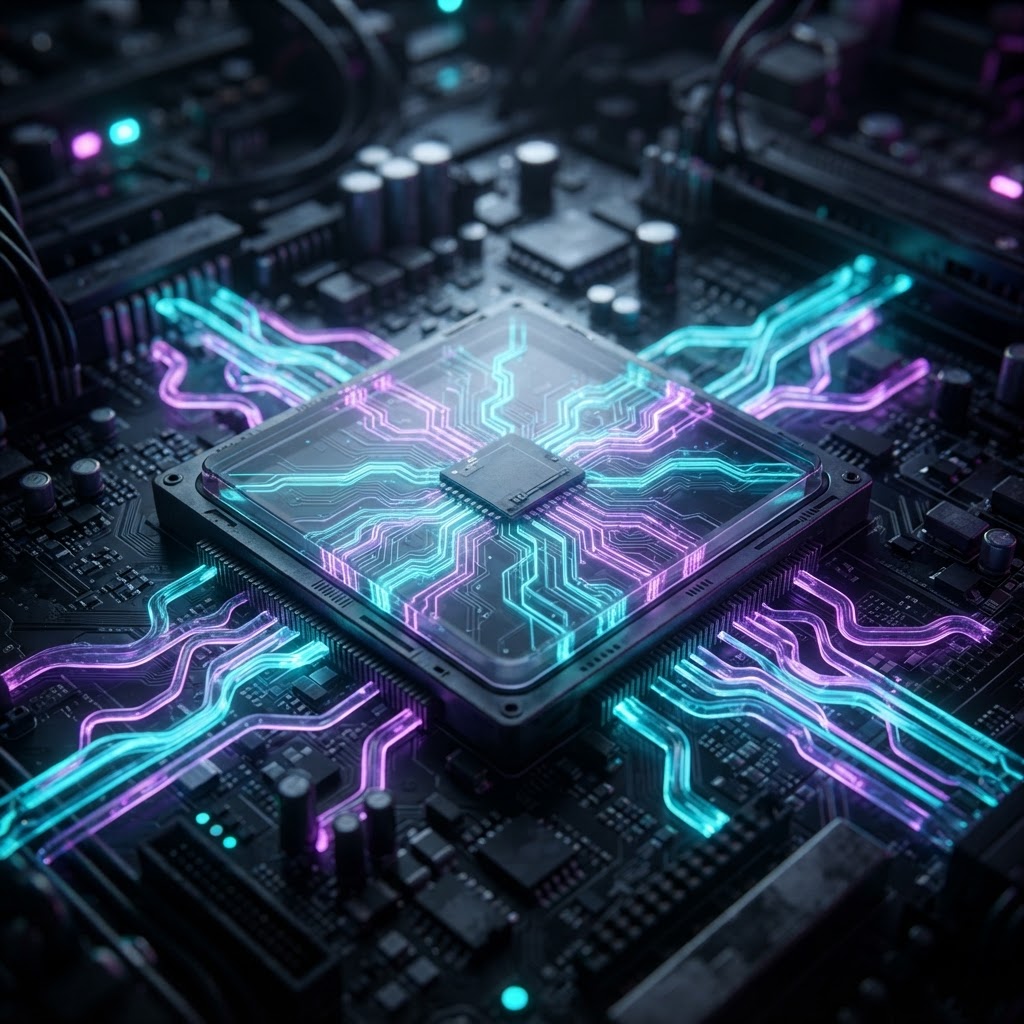 Edge-Computing-Chip mit dynamischen Datenströmen als Symbol für ressourceneffiziente KI