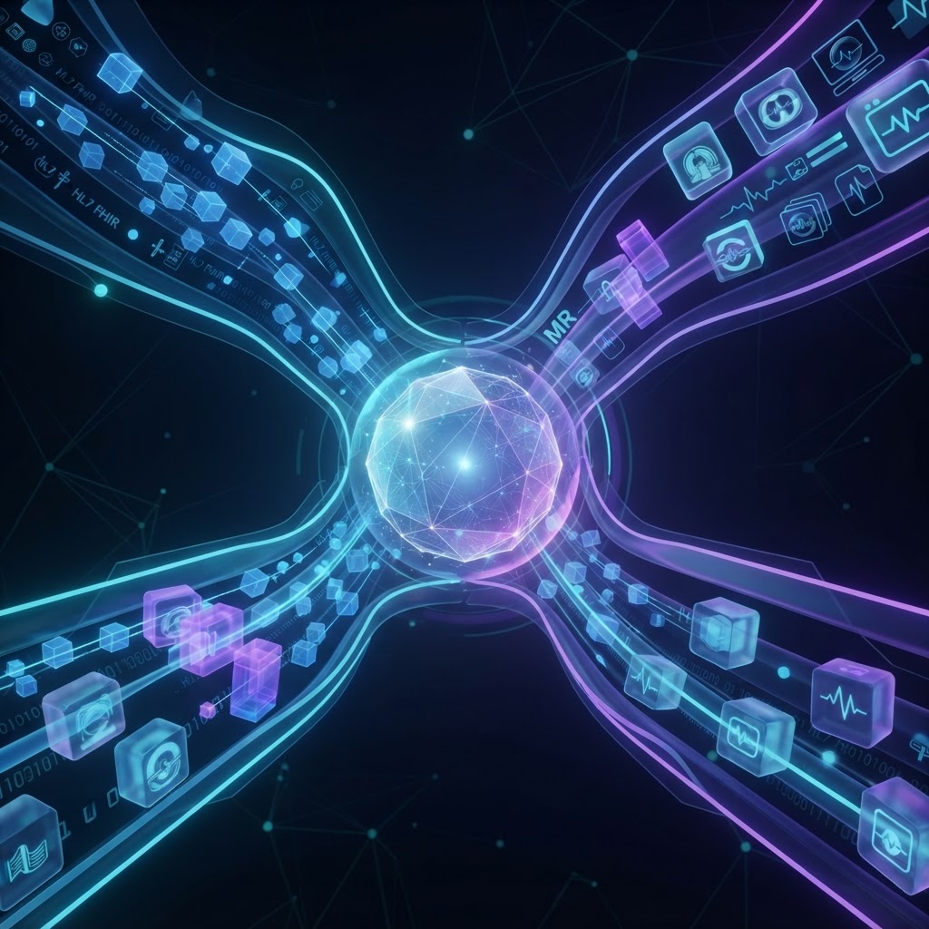 Abstrakte 3D-Visualisierung von medizinischen Datenströmen und HL7 FHIR Integration in eine KI-Zentrale.
