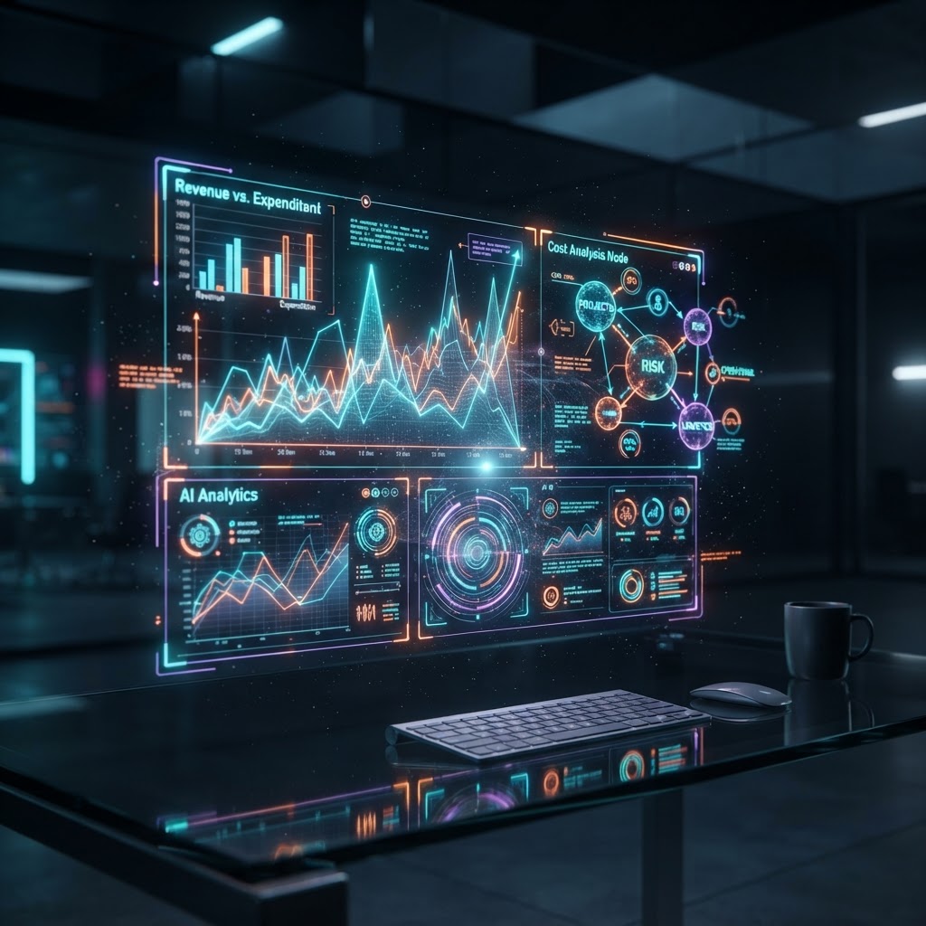 Holographisches Dashboard zur Analyse von KI-Kosten und Token-Metriken.