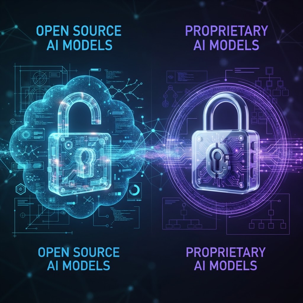 Holografische Blaupausen, die den Vergleich zwischen Open Source und proprietären KI-Modellen visualisieren