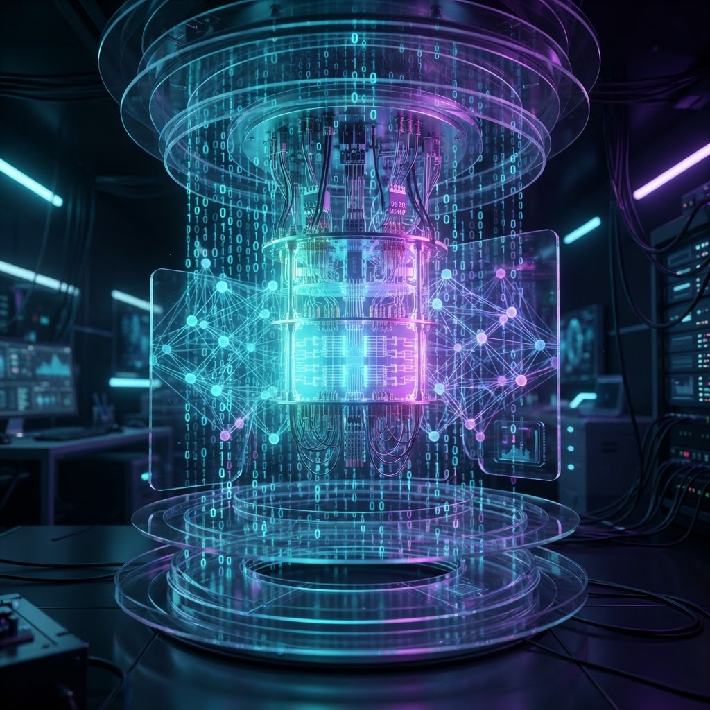 Quantencomputer-Chip kombiniert mit klassischen digitalen Datenströmen und KI-Netzwerken