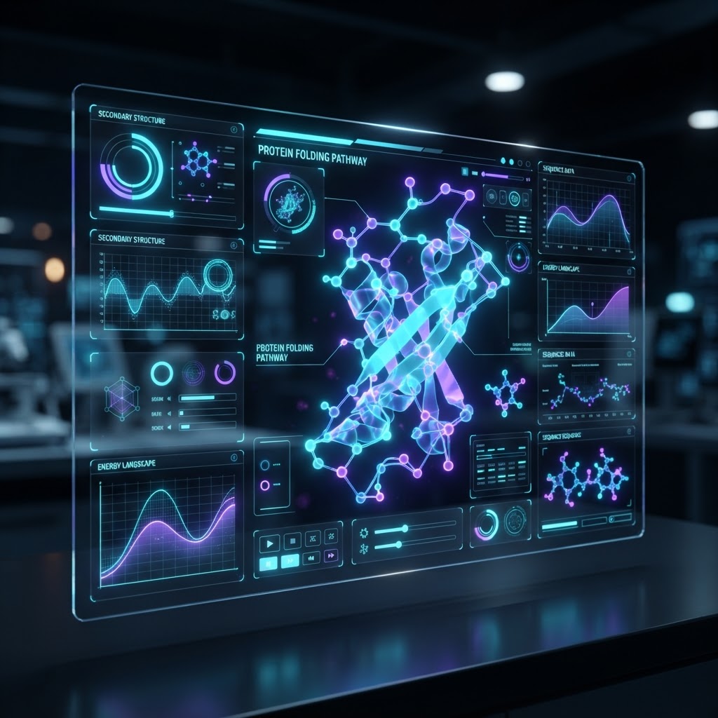 Holographische Benutzeroberfläche, die KI-gesteuerte Simulation von molekularen Strukturen und Proteinfaltungen zeigt.