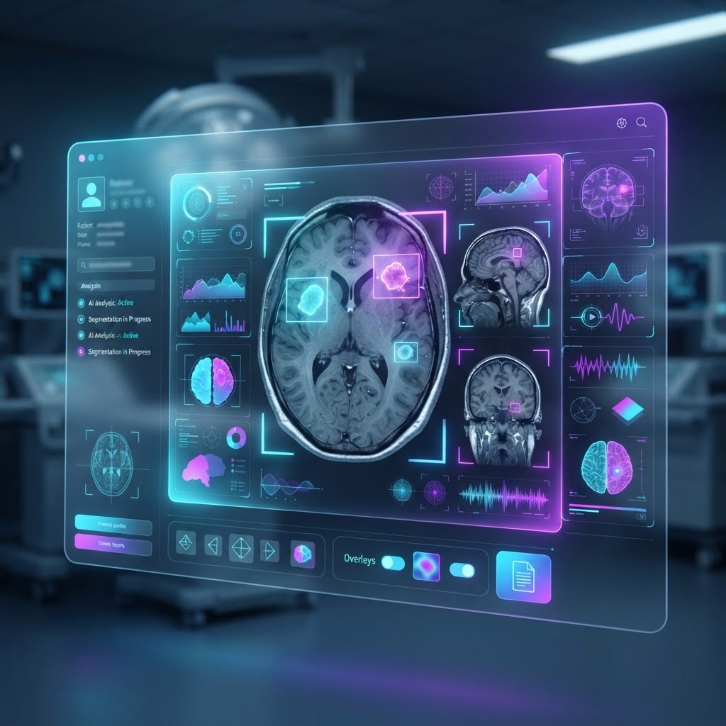 KI-Diagnose-Dashboard, das ein MRT-Bild mit markierten Tumorbereichen analysiert