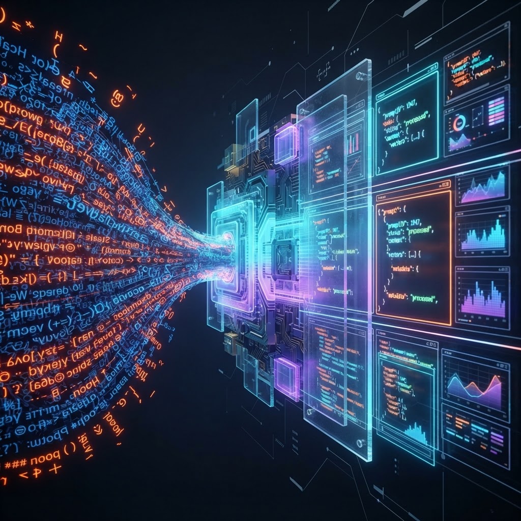 Transformation von chaotischem Text in strukturierte Code-Blöcke und JSON-Daten durch NLPI-Architekturen.