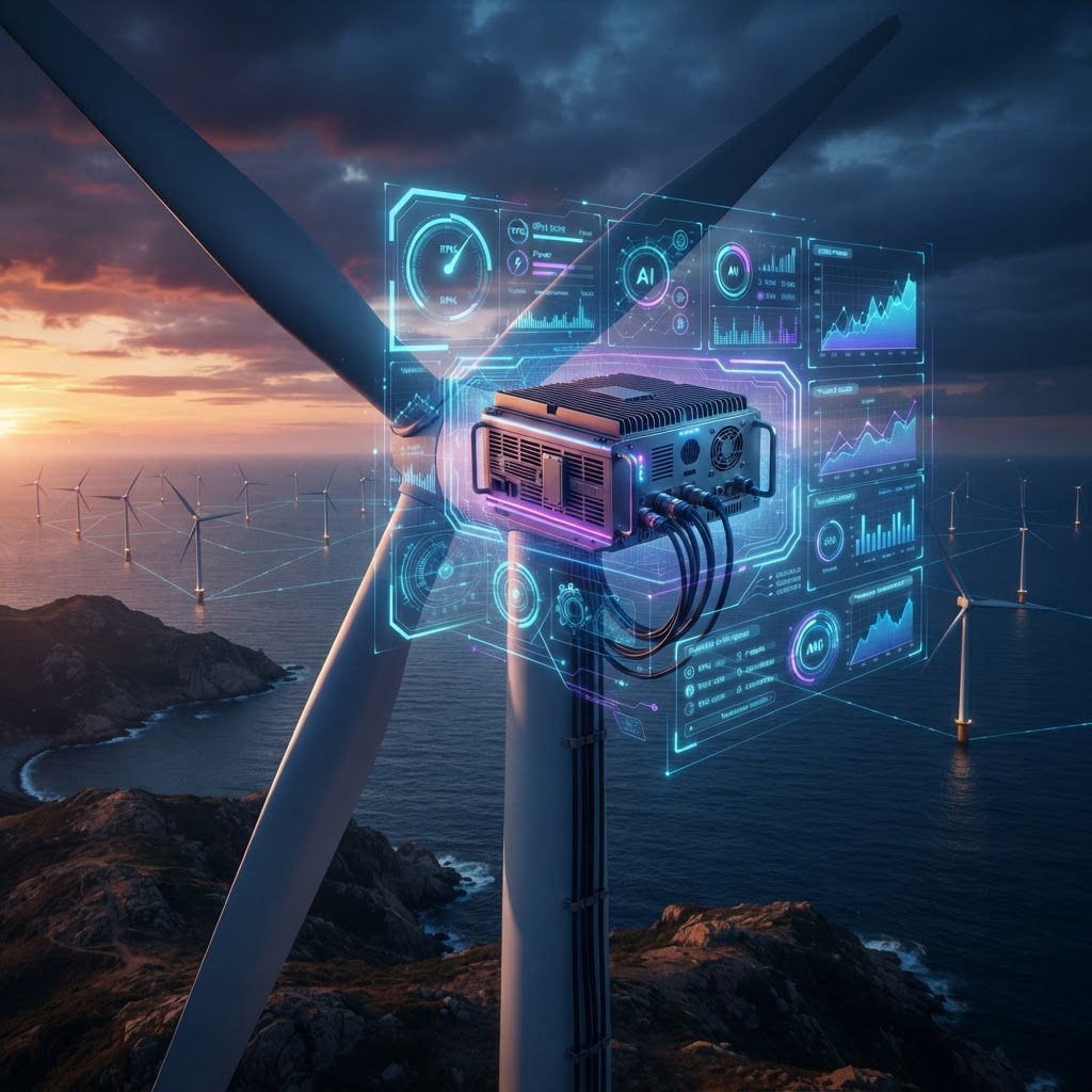 Edge-AI-Sensoren an einer Windkraftanlage zur dezentralen Datenverarbeitung im Smart Grid