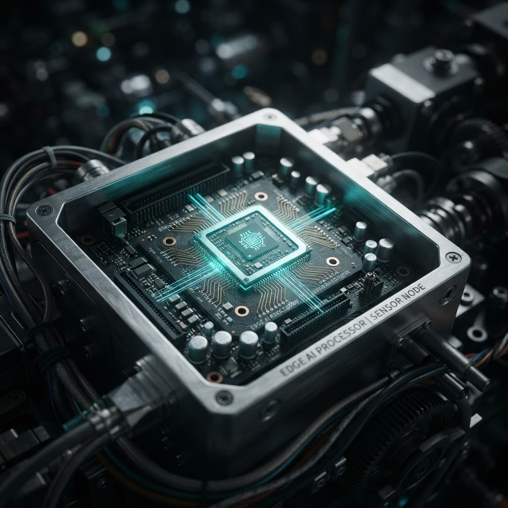 Ein leuchtender Edge-Computing-Mikrochip, der die dezentrale Verarbeitung von KI-Modellen direkt am Endgerät symbolisiert.