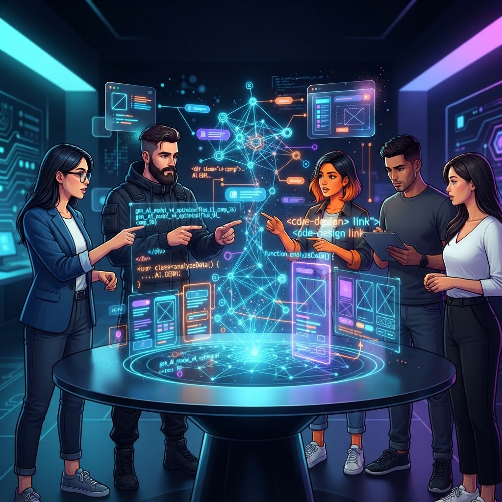 Entwickler und Designer analysieren gemeinsam einen KI-generierten, interaktiven UI-Prototypen als Hologramm.