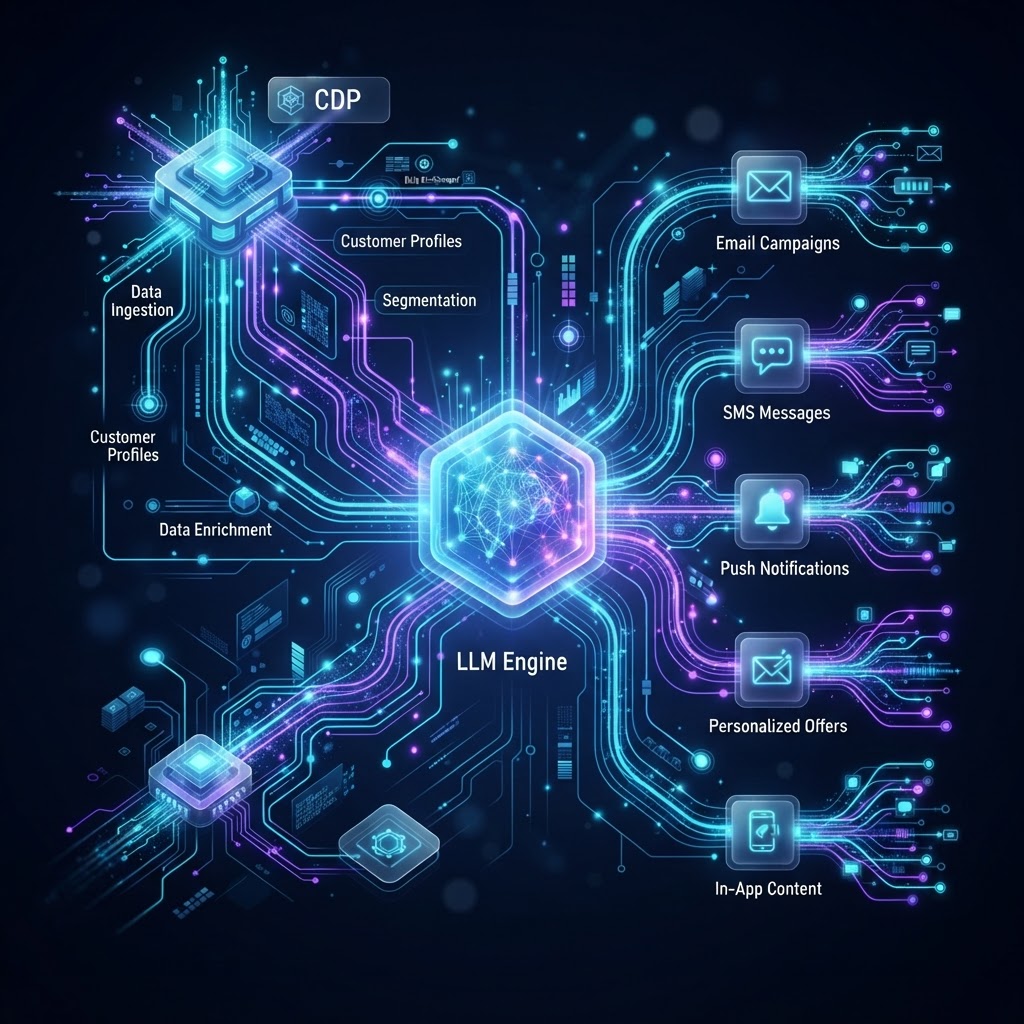 Futuristisches Architekturdiagramm einer RAG-Pipeline für E-Mail-Generierung mit Datenfluss durch ein LLM.