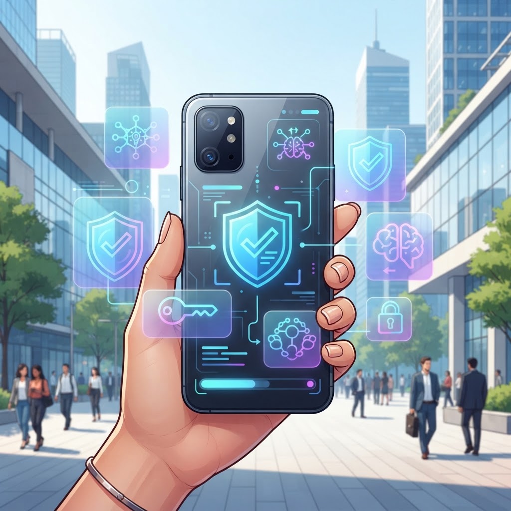 Smartphone-Nutzer mit Augmented Reality Interface, das lokalen Datenschutz und Offline-KI visualisiert