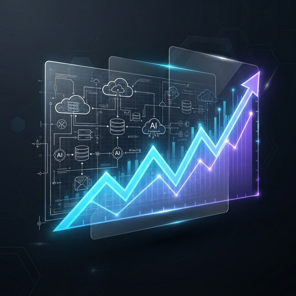 Technischer Blueprint einer KI-Architektur, der in einen finanziellen Wachstumsgraphen übergeht.