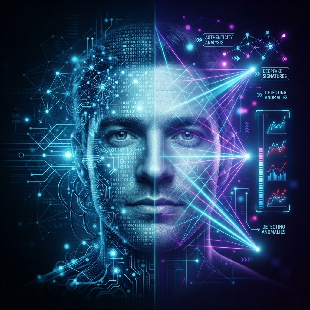 KI-System analysiert ein digitales Gesicht auf Deepfake-Artefakte mithilfe von neuronalen Netzen.