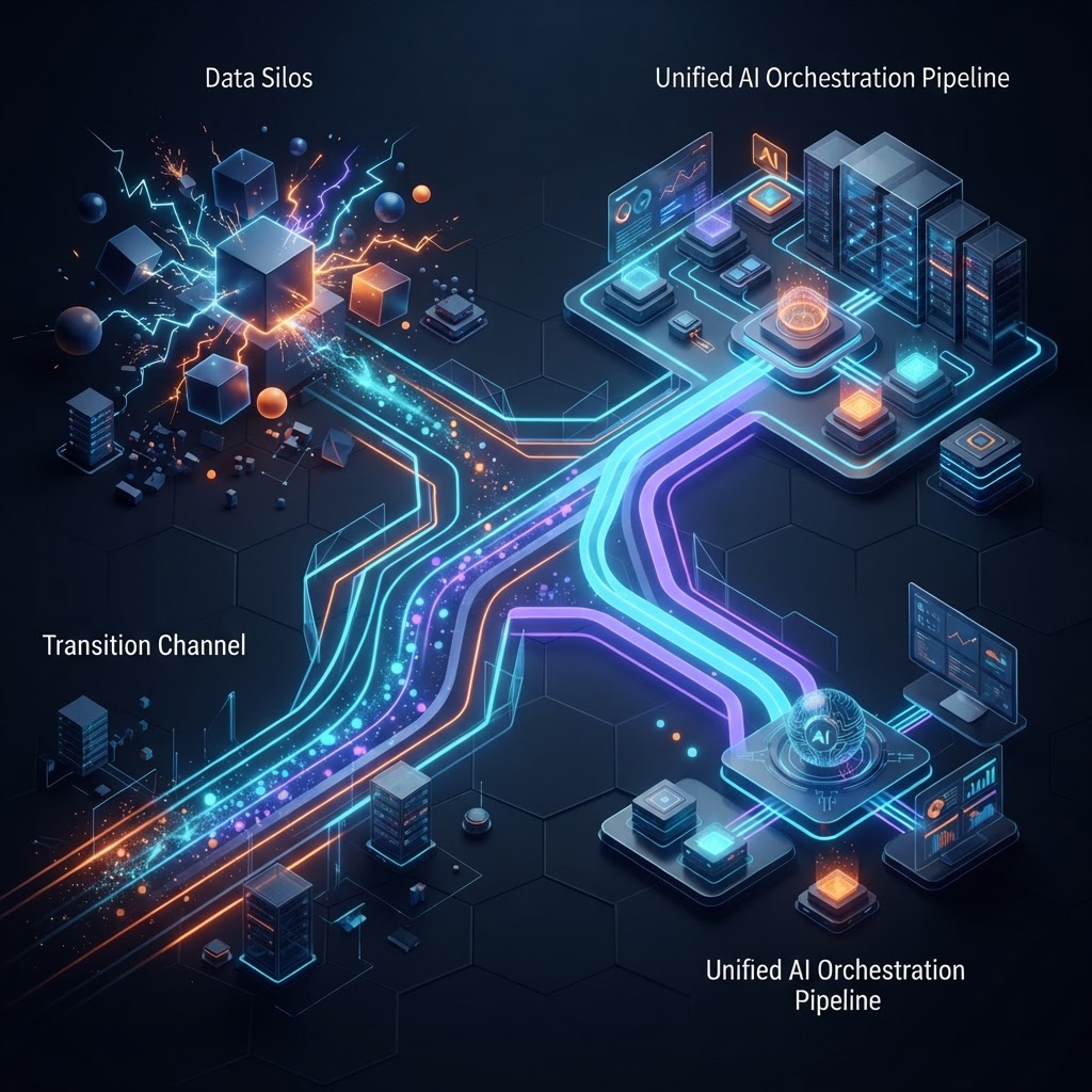 Isometrische Darstellung der Transformation von Datensilos zu einer orchestrierten KI-Pipeline.