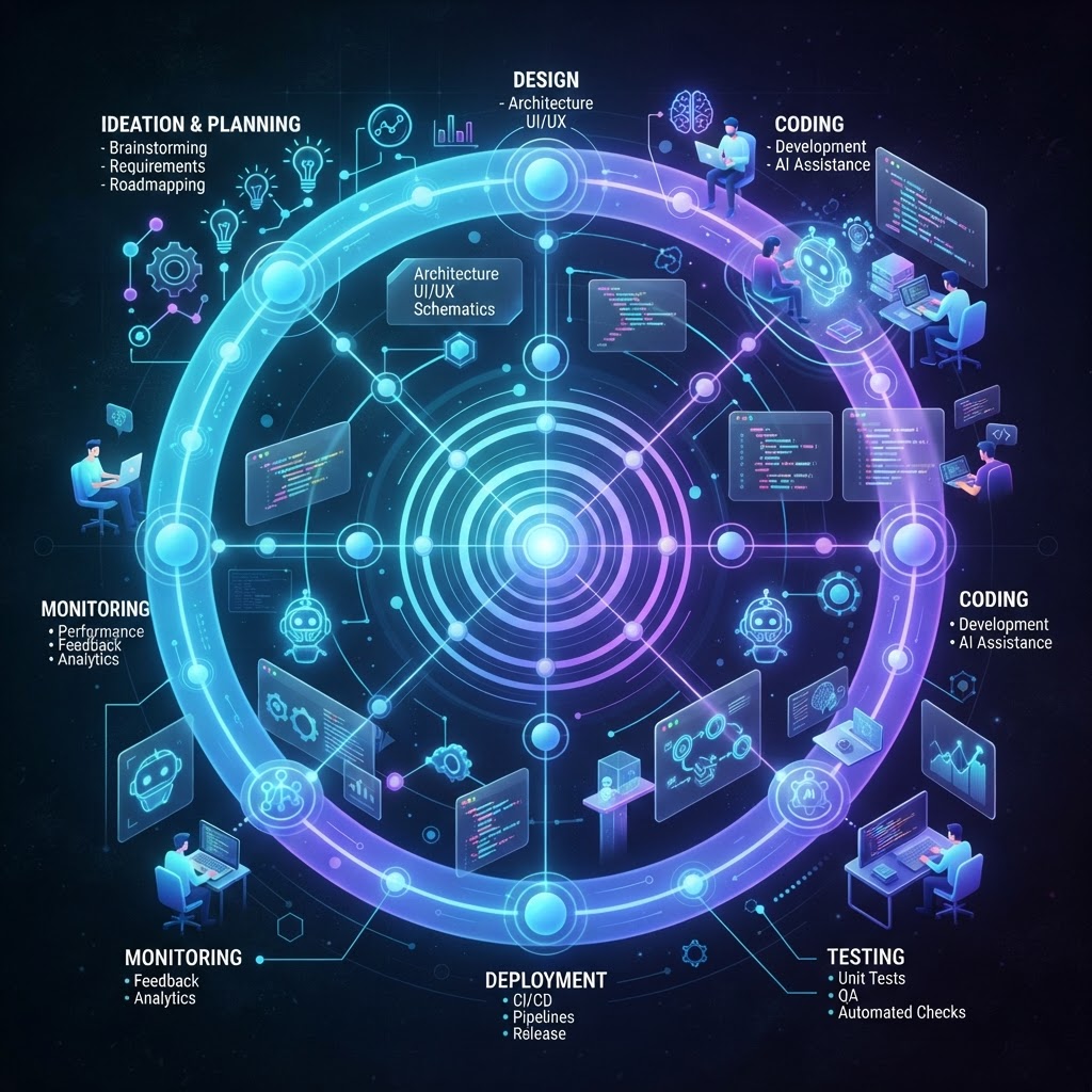 Technisches Diagramm zur Integration von KI-Copiloten in den modernen Softwareentwicklungszyklus