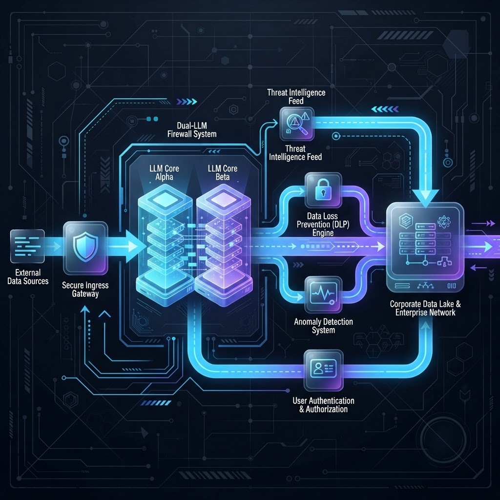 Architekturdiagramm einer sicheren KI-Daten-Pipeline mit LLM-Firewall und Kontrollen.