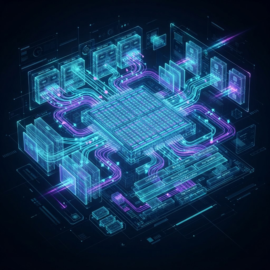 Holografische technische Blaupause einer modernen KI-GPU-Architektur mit Datenströmen
