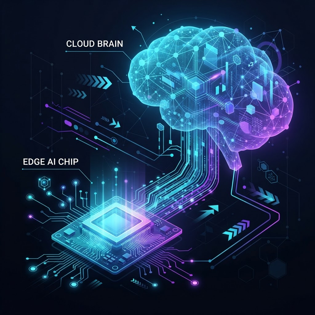 Architektur-Vergleich zwischen massiven Cloud-LLMs und lokalen, effizienten Small Language Models (SLMs) auf Edge-Infrastruktur.