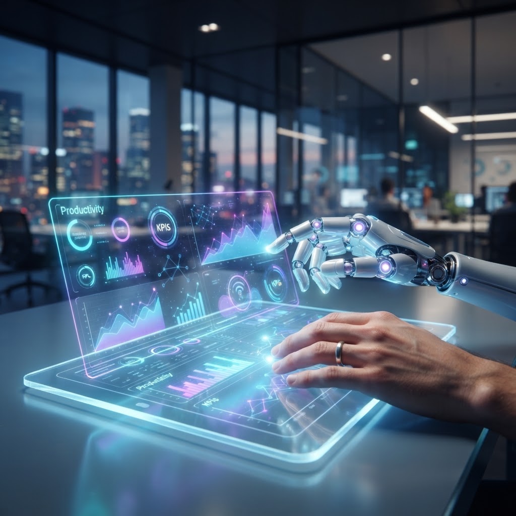 Mensch und KI kollaborieren an einem futuristischen Tablet mit holografischen Produktivitätskennzahlen