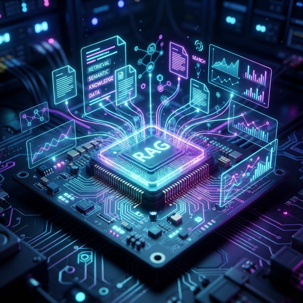 Makroaufnahme eines Mikrochips, der semantische Netzwerke und RAG-Datenbanken visuell verknüpft.