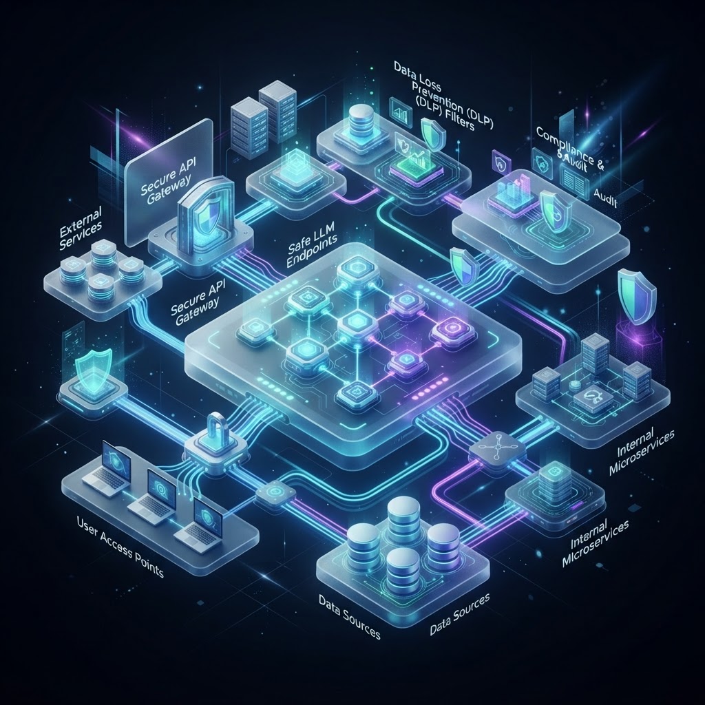 3D-Architekturdiagramm eines sicheren Enterprise-API-Gateways für LLMs.