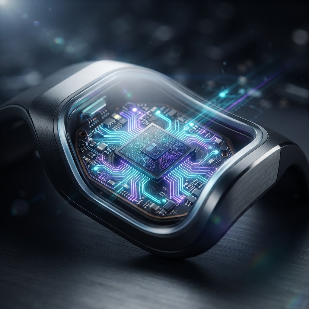Makroaufnahme eines Edge-KI-Prozessors in einem Wearable, der lokale Datenverarbeitung symbolisiert.