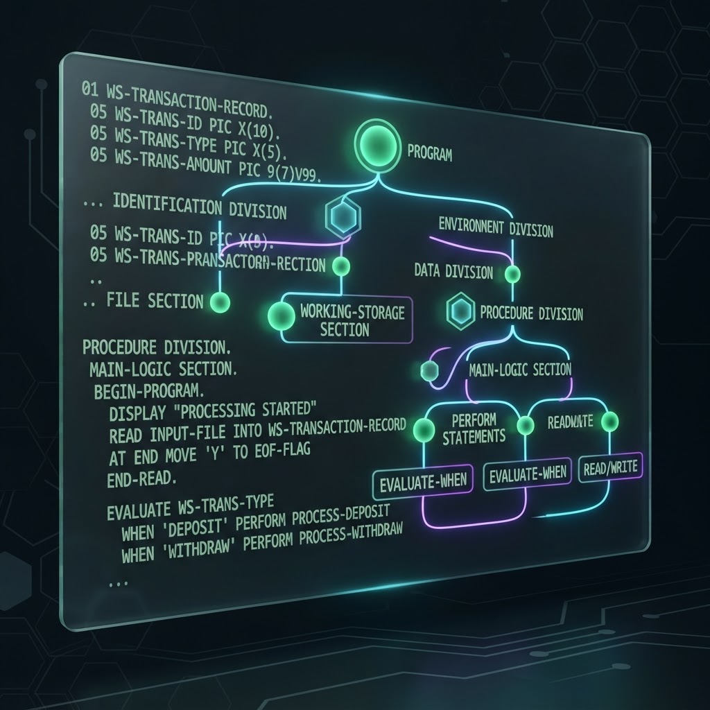 Abstrakter Syntaxbaum, der durch eine Künstliche Intelligenz auf altem COBOL-Code analysiert wird.
