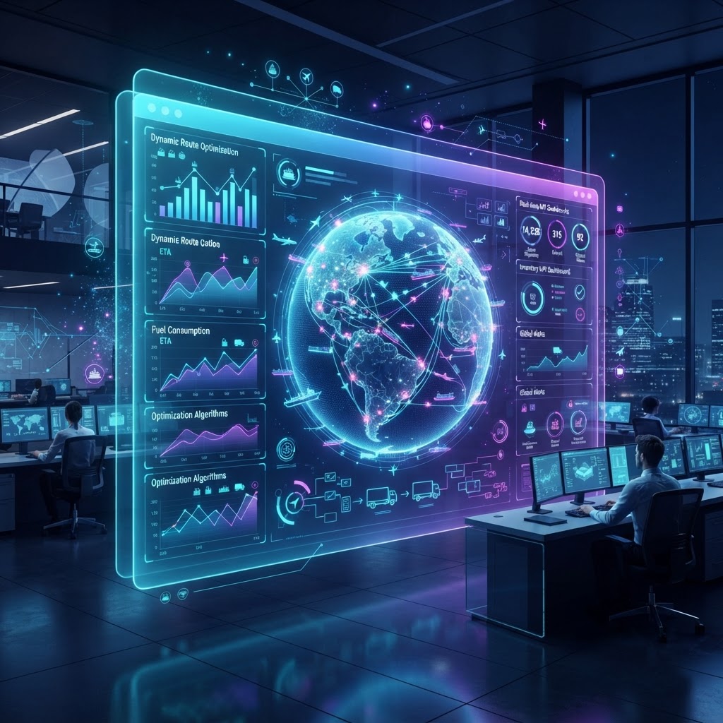 Digital Twin Dashboard in einem Kontrollraum zur Echtzeit-Überwachung und dynamischen Routenplanung