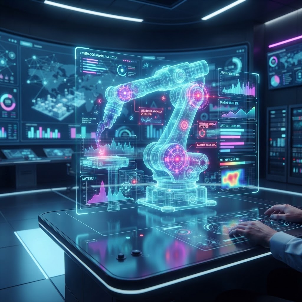 Holografischer Digitaler Zwilling einer Industriemaschine zeigt Echtzeit-Daten zum Lebenszyklus.