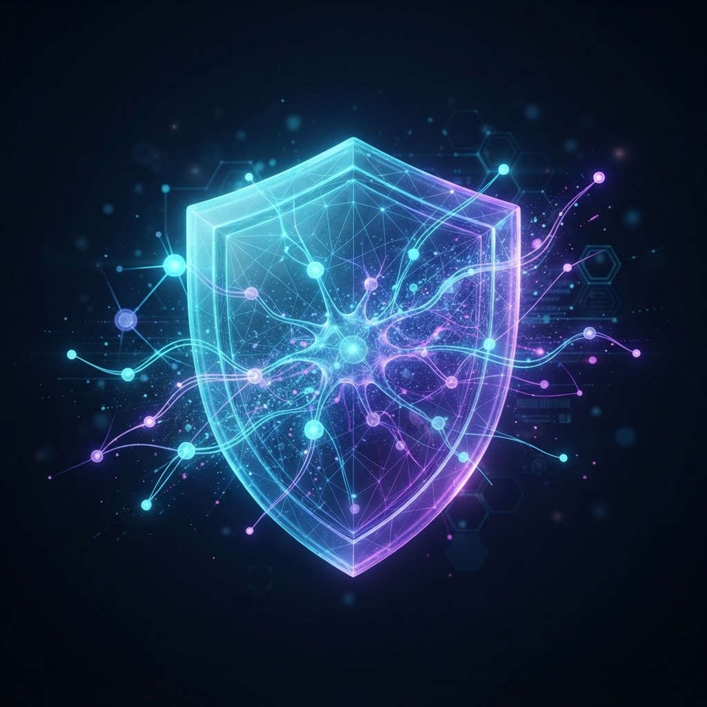 Ein leuchtendes neuronales Netzwerk verschmilzt mit einem digitalen Schutzschild zur Visualisierung von Datensicherheit.