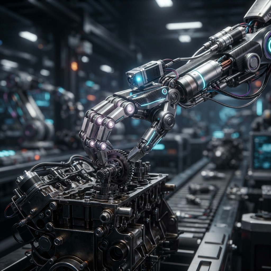 Nahaufnahme einer robotischen Hand, die hochpräzise mechanische Bauteile auf einem Fließband in einer Fabrik montiert.