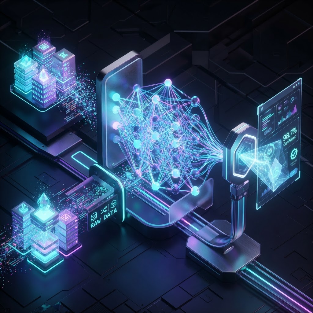 3D-Architekturdiagramm einer Machine-Learning-Pipeline für Customer Experience Daten