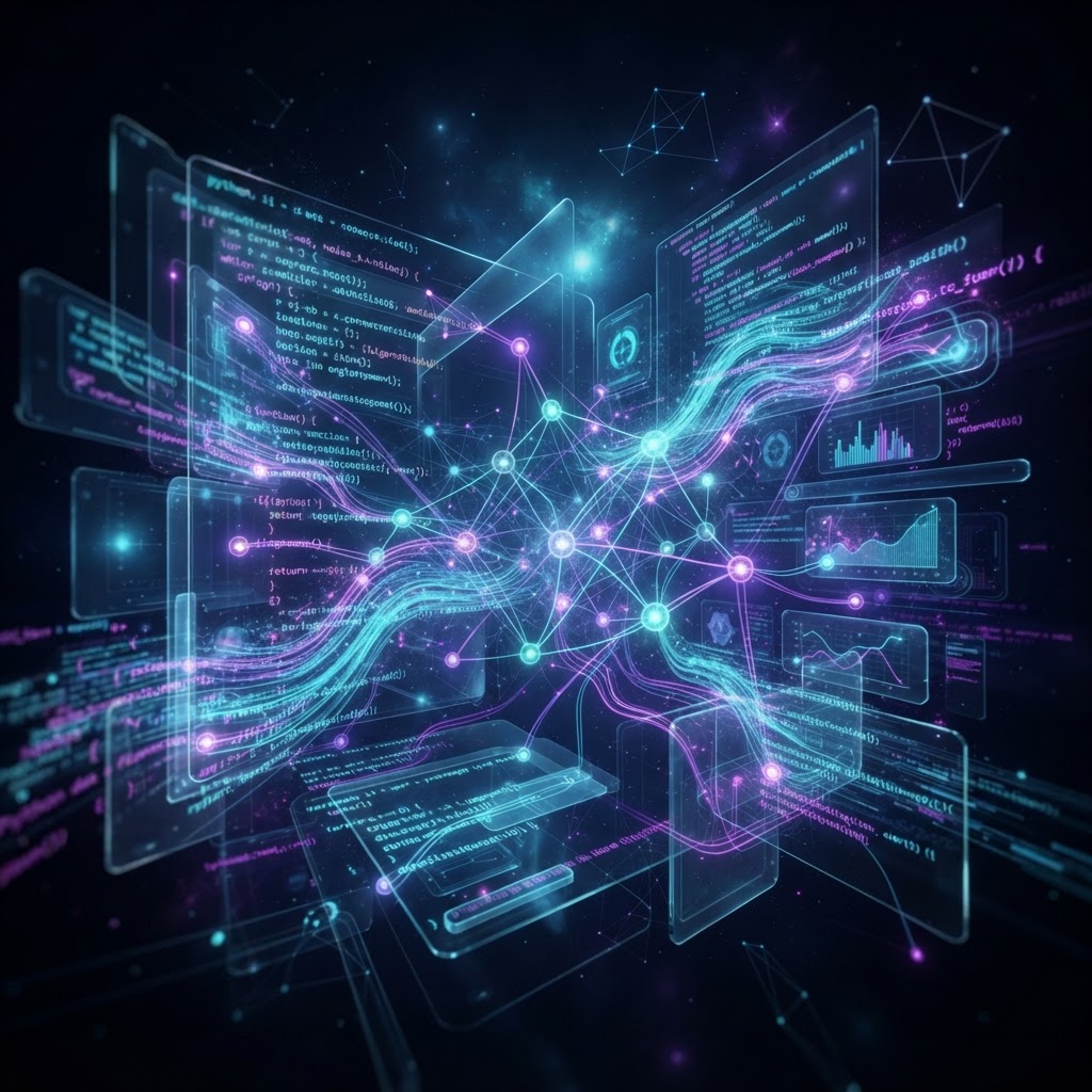Futuristische Darstellung einer KI-nativen Entwicklungsumgebung mit holografischen Code-Strukturen und neuronalen Netzwerken