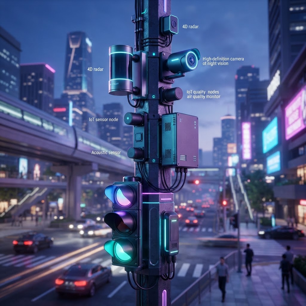 Smarte Ampelanlage mit Edge-IoT-Sensoren und lokaler KI-Infrastruktur an einer Kreuzung